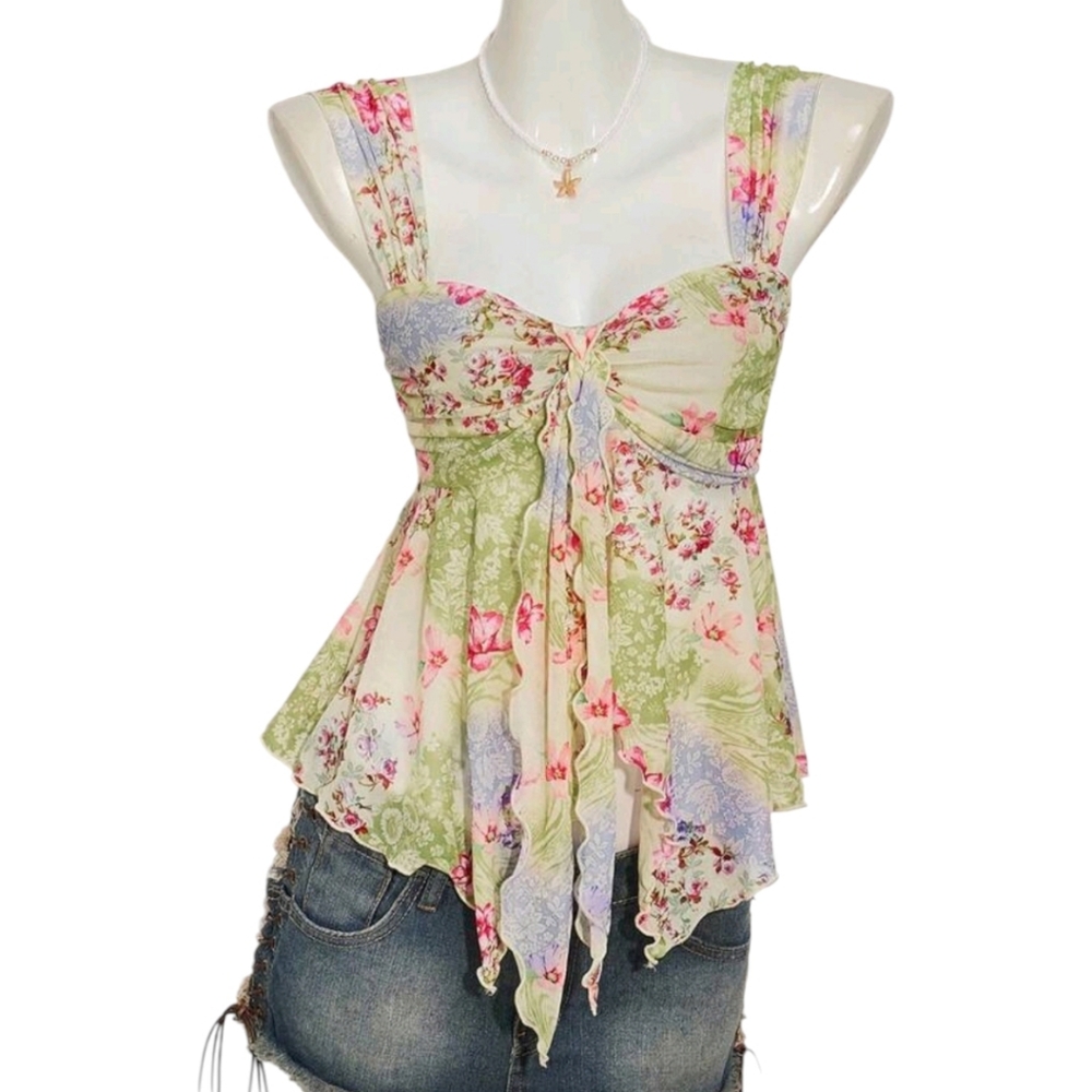90s Y2K Babydoll Top Womens M Whimsical Fairy Forest Asymmetrical Sheer Floral - Picture 3 of 3